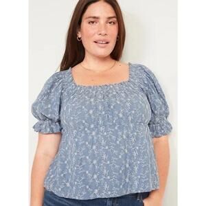 Old Navy Top Womens 4X Smocked Babydoll Eyelet Square Neck Puff Sleeve Chambray